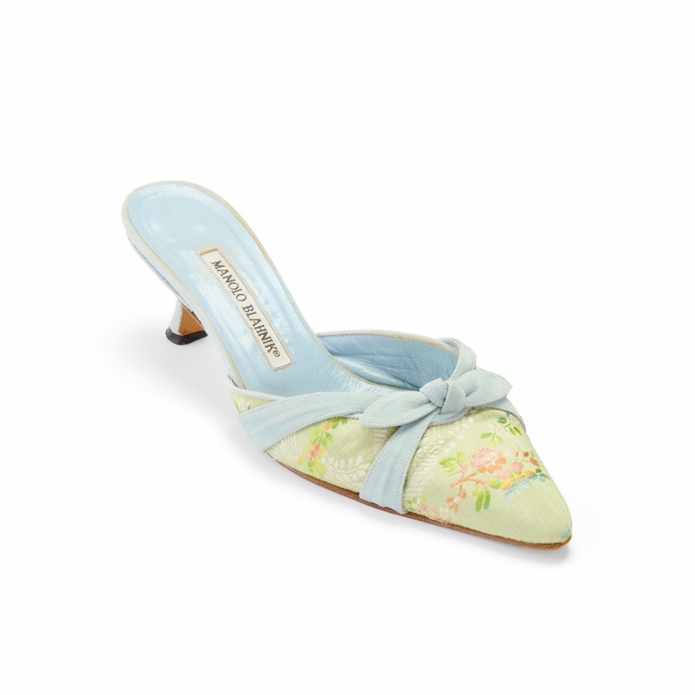Manolo Blahnik Green & Blue Floral Bow Mules